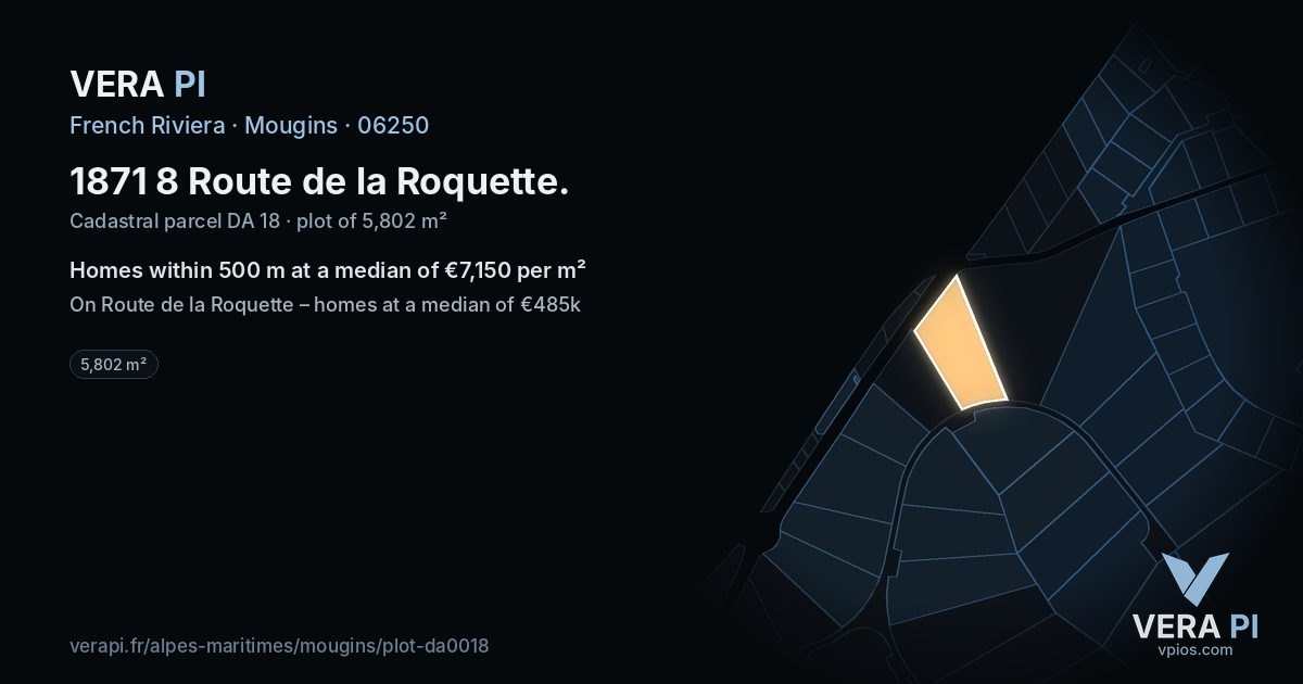 1871 8 Route de la Roquette, Mougins at night – the plot lit, the parcels around coloured by the prices near them