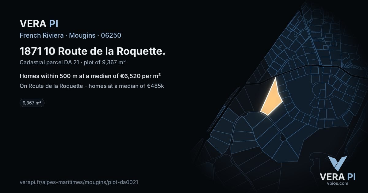 1871 10 Route de la Roquette, Mougins at night – the plot lit, the parcels around coloured by the prices near them