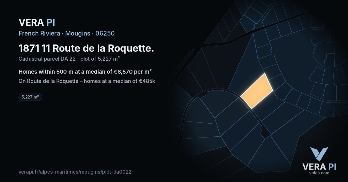 1871 11 Route de la Roquette, Mougins at night – the plot lit, the parcels around coloured by the prices near them
