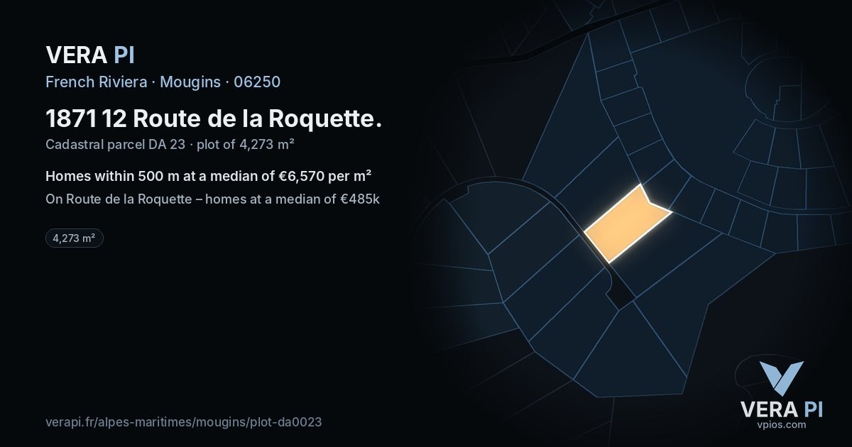 1871 12 Route de la Roquette, Mougins at night – the plot lit, the parcels around coloured by the prices near them
