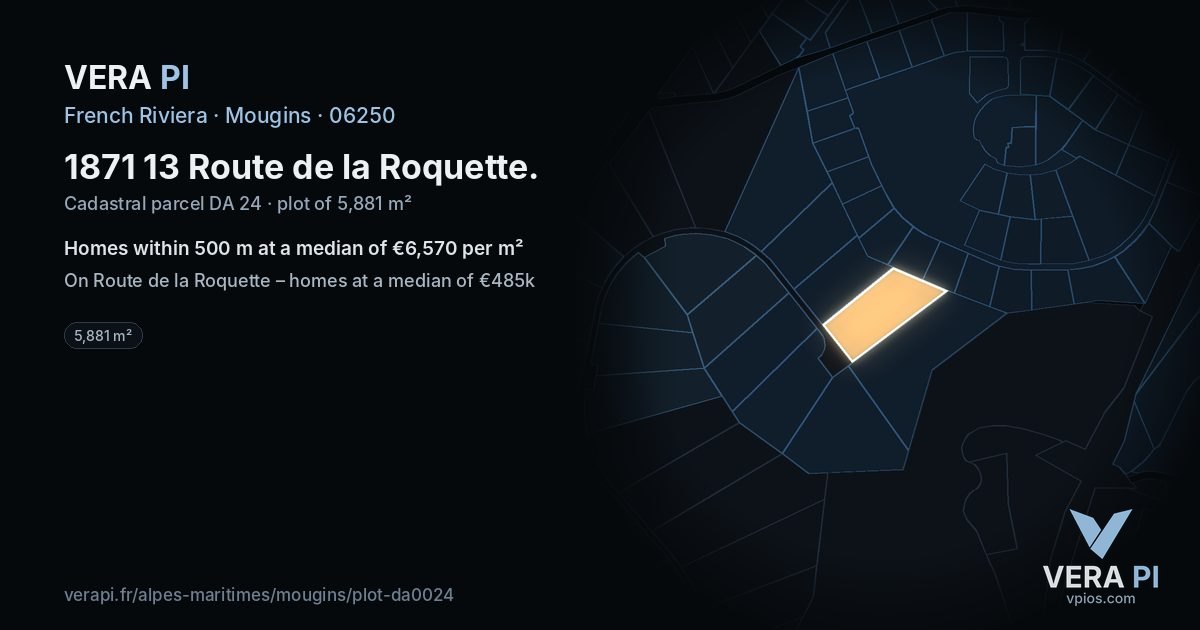 1871 13 Route de la Roquette, Mougins at night – the plot lit, the parcels around coloured by the prices near them