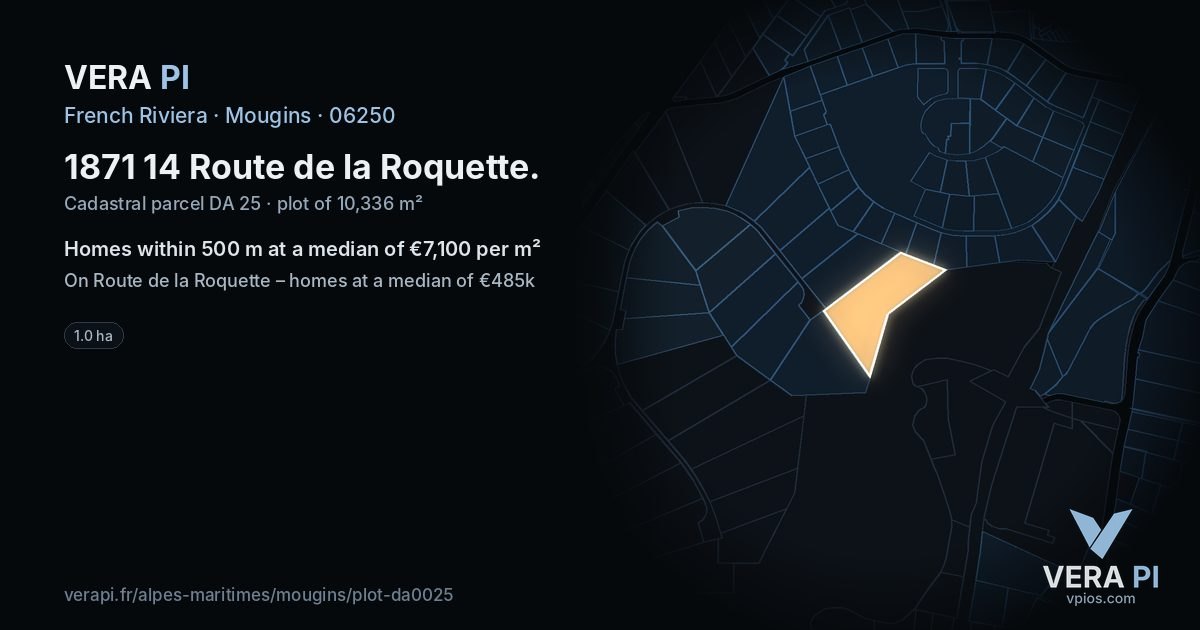 1871 14 Route de la Roquette, Mougins at night – the plot lit, the parcels around coloured by the prices near them