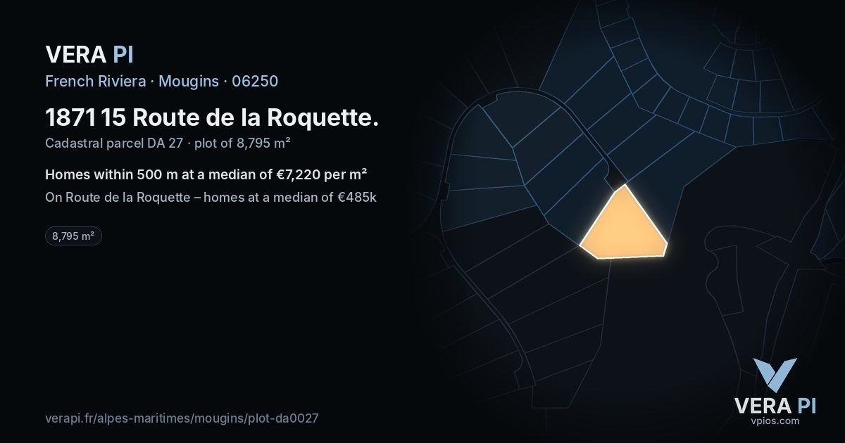 1871 15 Route de la Roquette, Mougins at night – the plot lit, the parcels around coloured by the prices near them