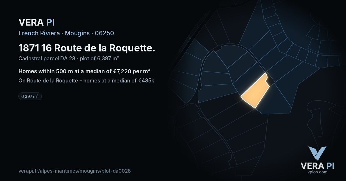 1871 16 Route de la Roquette, Mougins at night – the plot lit, the parcels around coloured by the prices near them