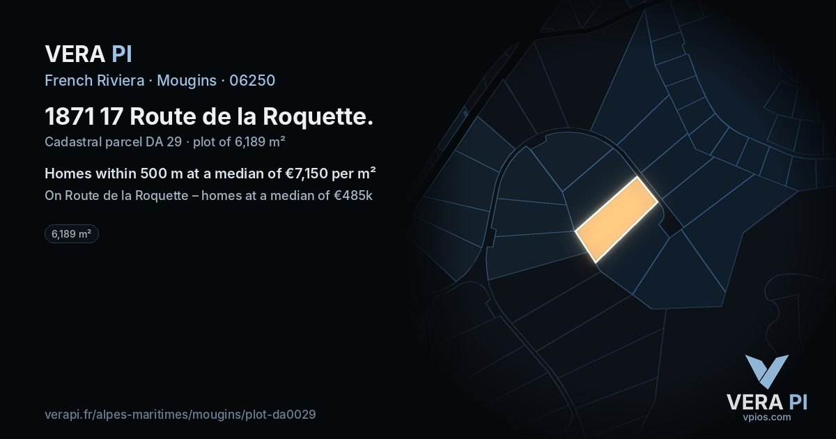 1871 17 Route de la Roquette, Mougins at night – the plot lit, the parcels around coloured by the prices near them