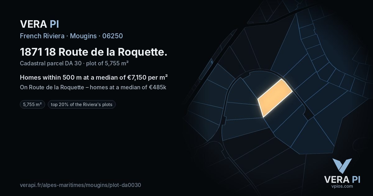 1871 18 Route de la Roquette, Mougins at night – the plot lit, the parcels around coloured by the prices near them