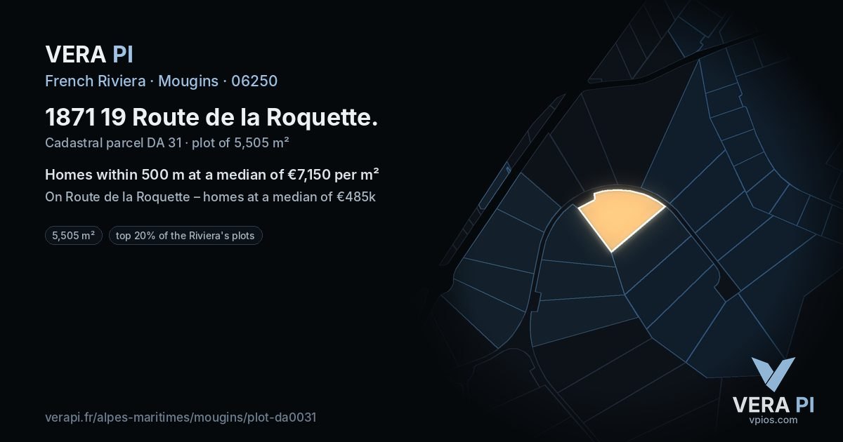 1871 19 Route de la Roquette, Mougins at night – the plot lit, the parcels around coloured by the prices near them