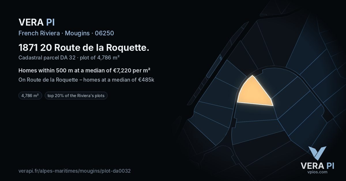 1871 20 Route de la Roquette, Mougins at night – the plot lit, the parcels around coloured by the prices near them