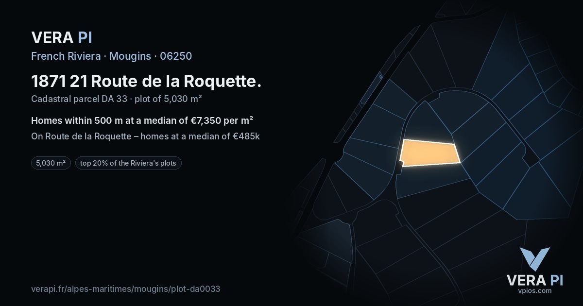 1871 21 Route de la Roquette, Mougins at night – the plot lit, the parcels around coloured by the prices near them