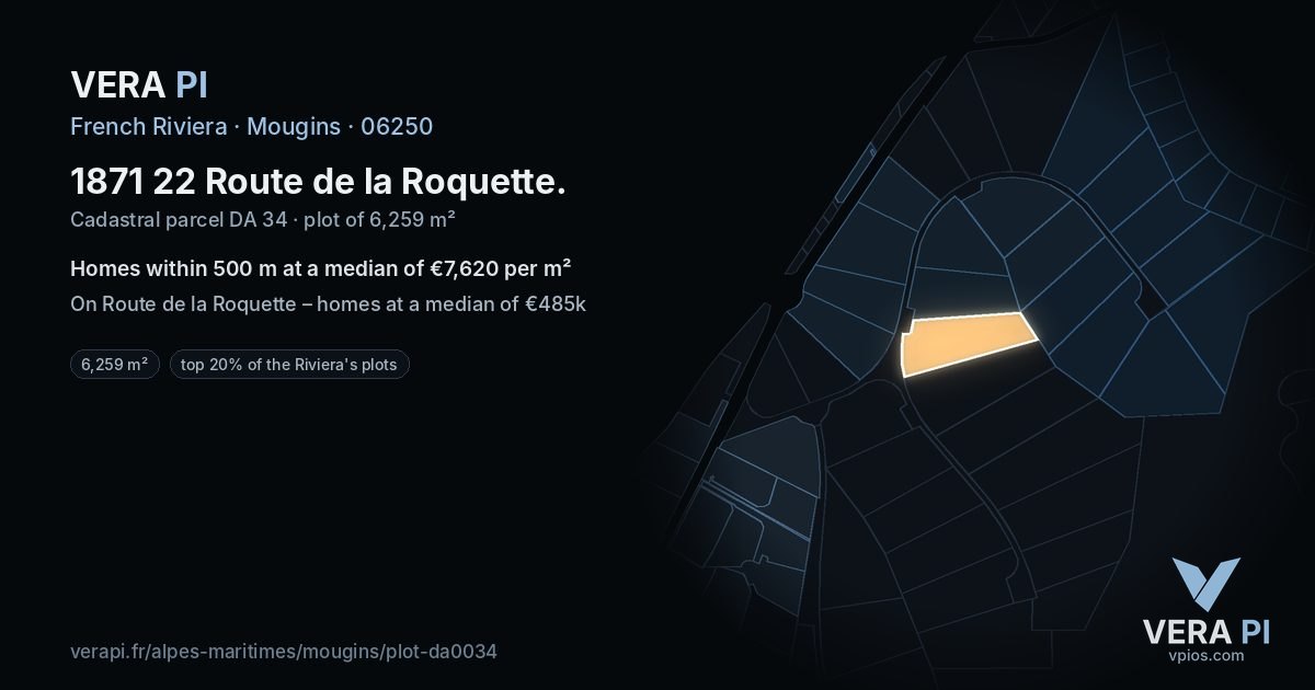 1871 22 Route de la Roquette, Mougins at night – the plot lit, the parcels around coloured by the prices near them