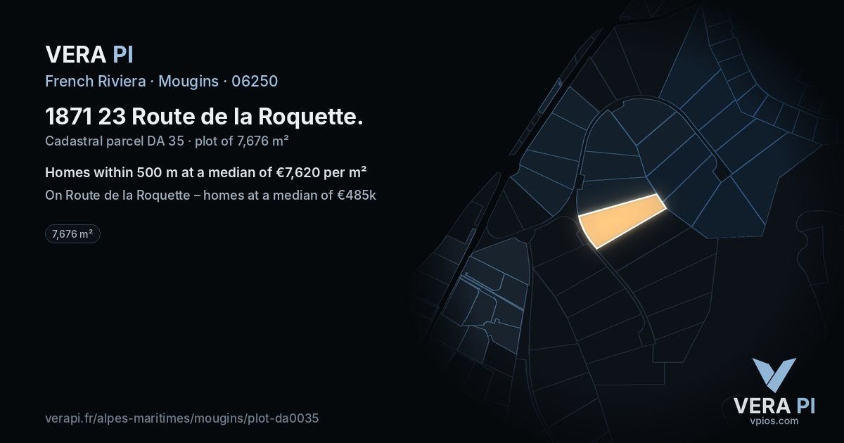 1871 23 Route de la Roquette, Mougins at night – the plot lit, the parcels around coloured by the prices near them