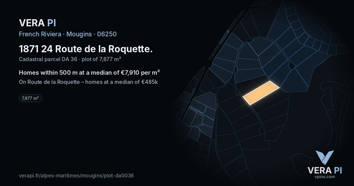 1871 24 Route de la Roquette, Mougins at night – the plot lit, the parcels around coloured by the prices near them