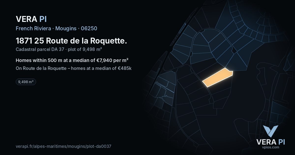 1871 25 Route de la Roquette, Mougins at night – the plot lit, the parcels around coloured by the prices near them