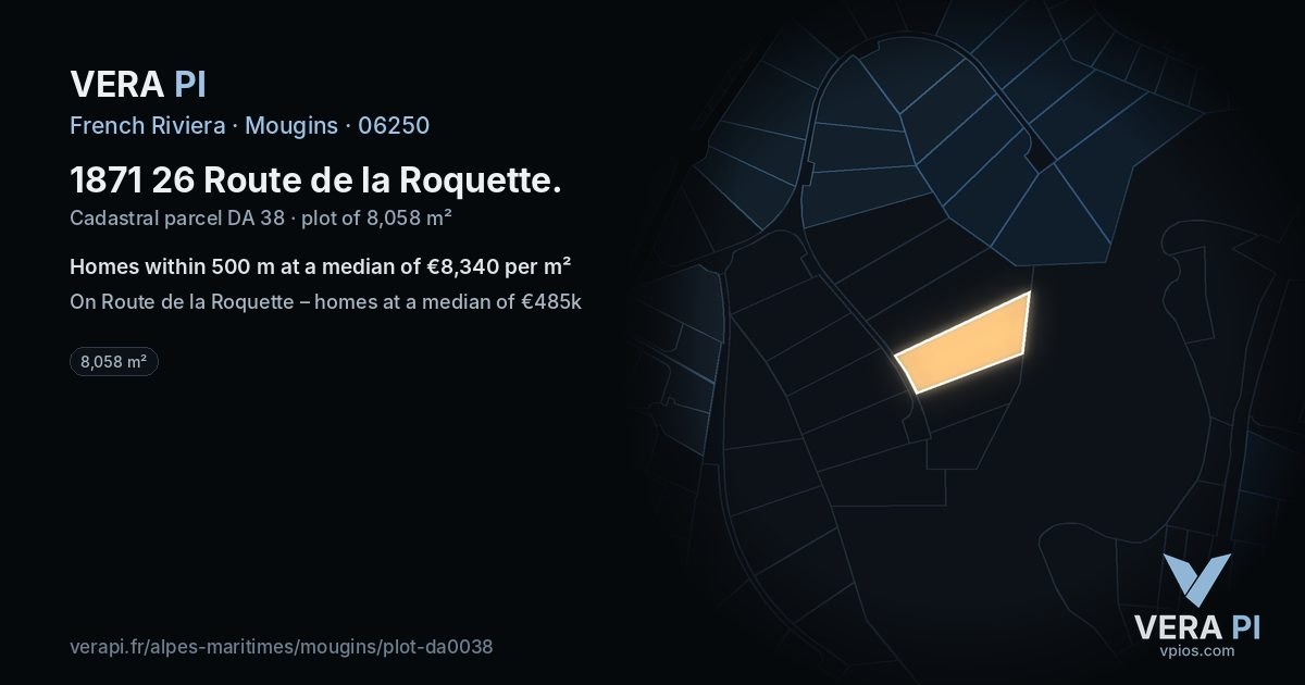 1871 26 Route de la Roquette, Mougins at night – the plot lit, the parcels around coloured by the prices near them