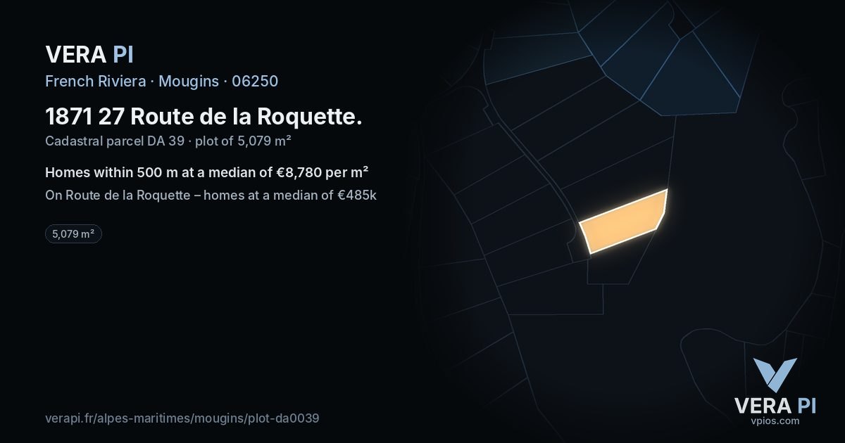1871 27 Route de la Roquette, Mougins at night – the plot lit, the parcels around coloured by the prices near them