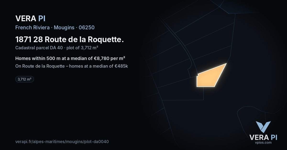 1871 28 Route de la Roquette, Mougins at night – the plot lit, the parcels around coloured by the prices near them