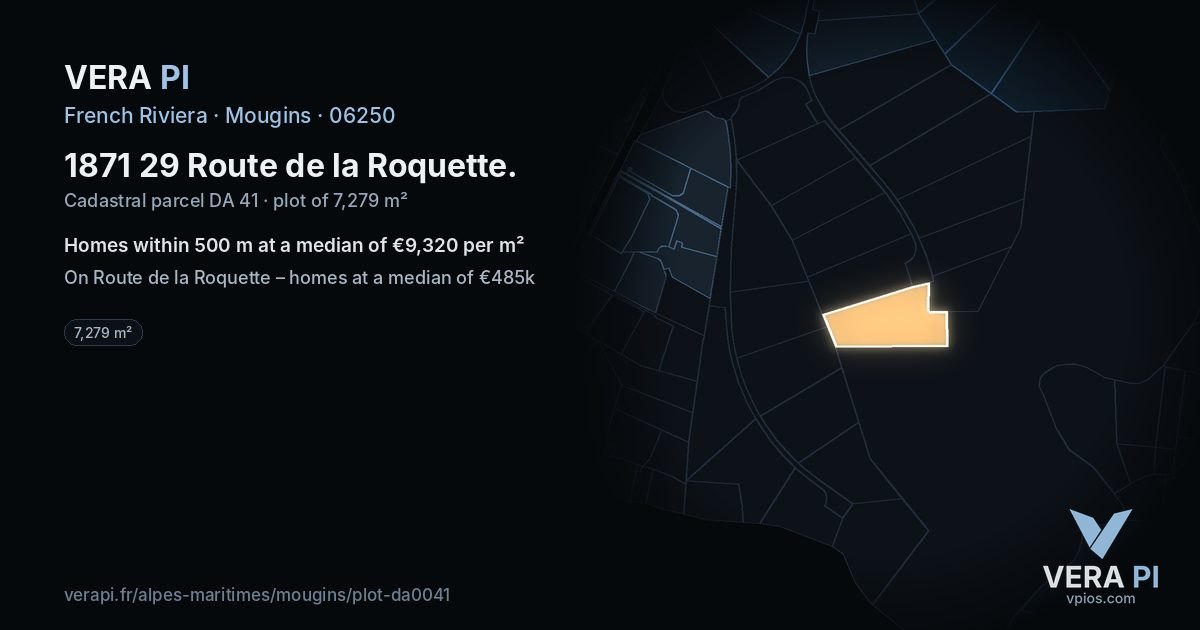 1871 29 Route de la Roquette, Mougins at night – the plot lit, the parcels around coloured by the prices near them