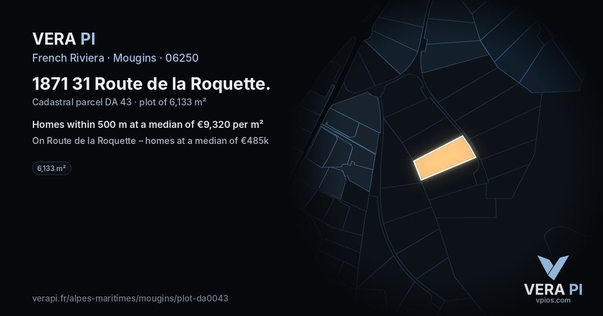 1871 31 Route de la Roquette, Mougins at night – the plot lit, the parcels around coloured by the prices near them