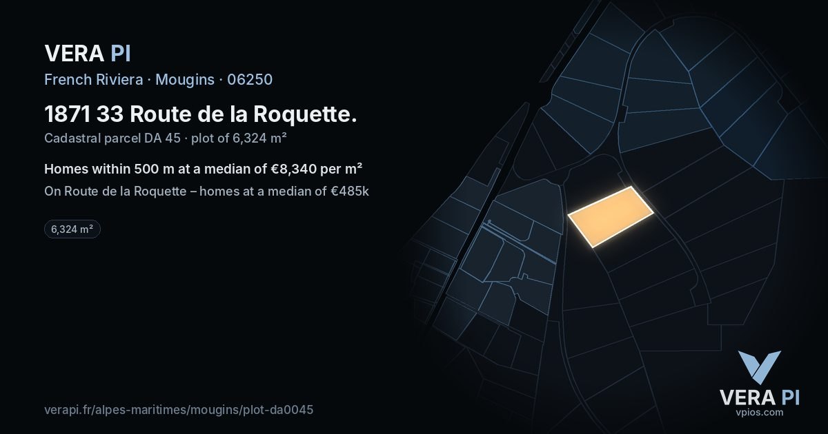 1871 33 Route de la Roquette, Mougins at night – the plot lit, the parcels around coloured by the prices near them