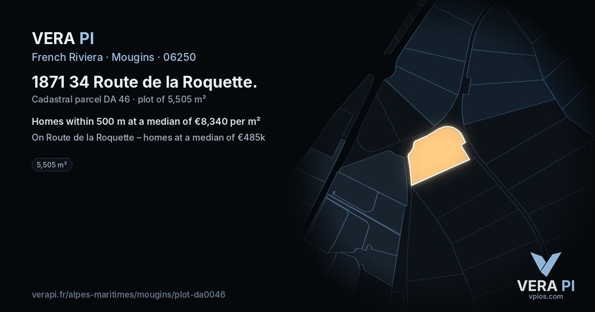 1871 34 Route de la Roquette, Mougins at night – the plot lit, the parcels around coloured by the prices near them