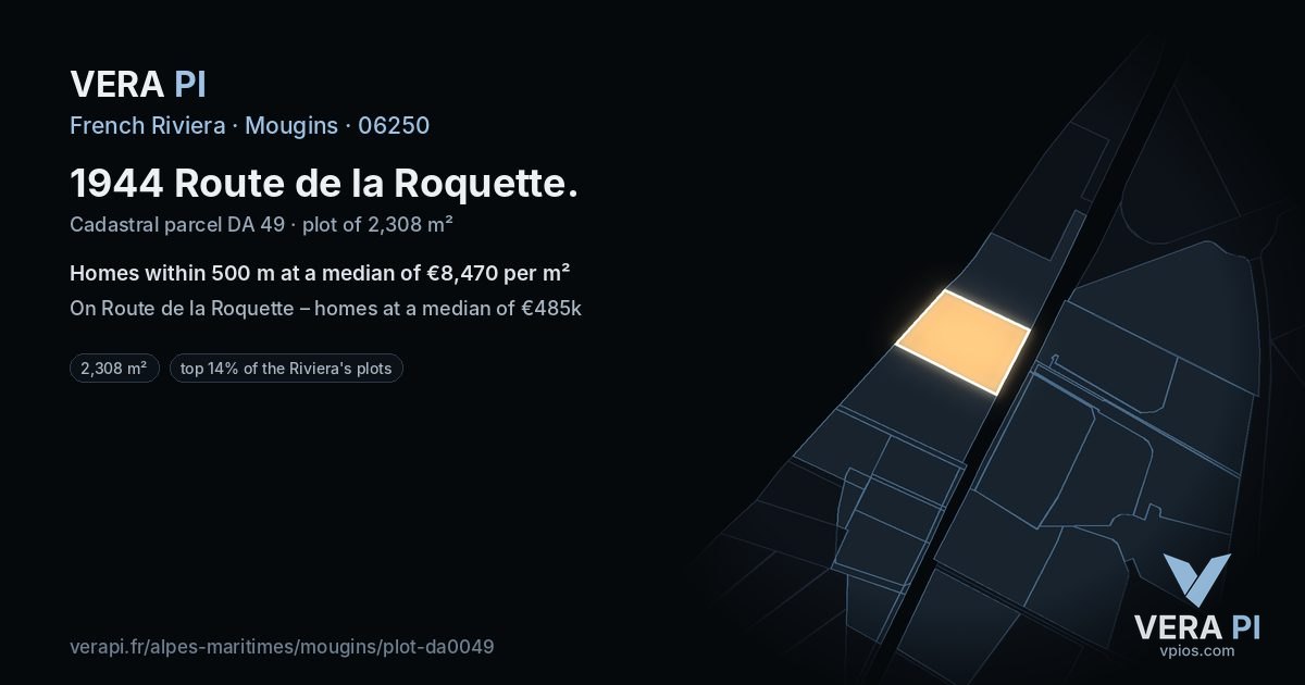 1944 Route de la Roquette, Mougins at night – the plot lit, the parcels around coloured by the prices near them