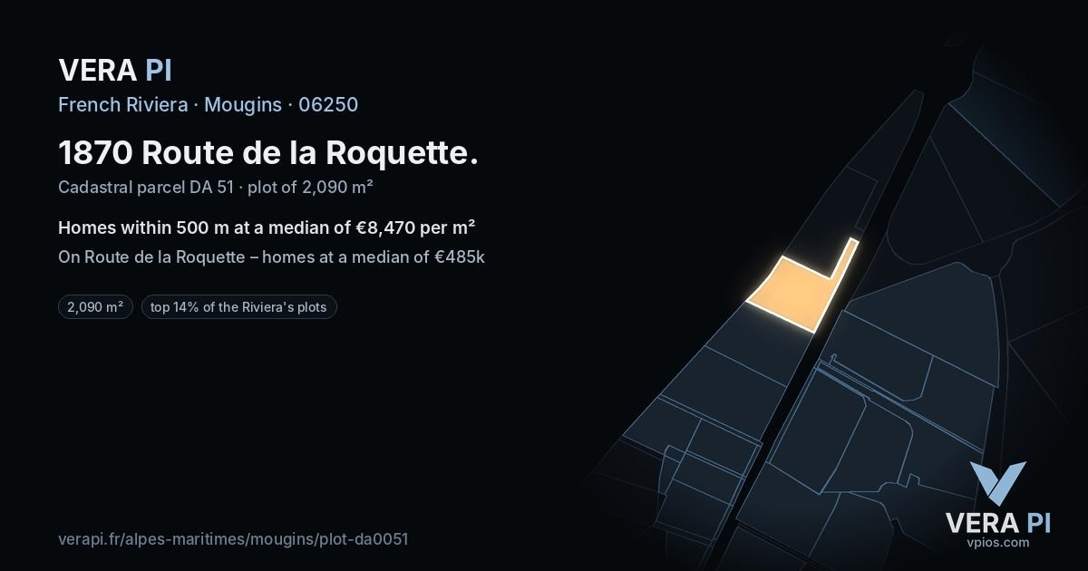 1870 Route de la Roquette, Mougins at night – the plot lit, the parcels around coloured by the prices near them