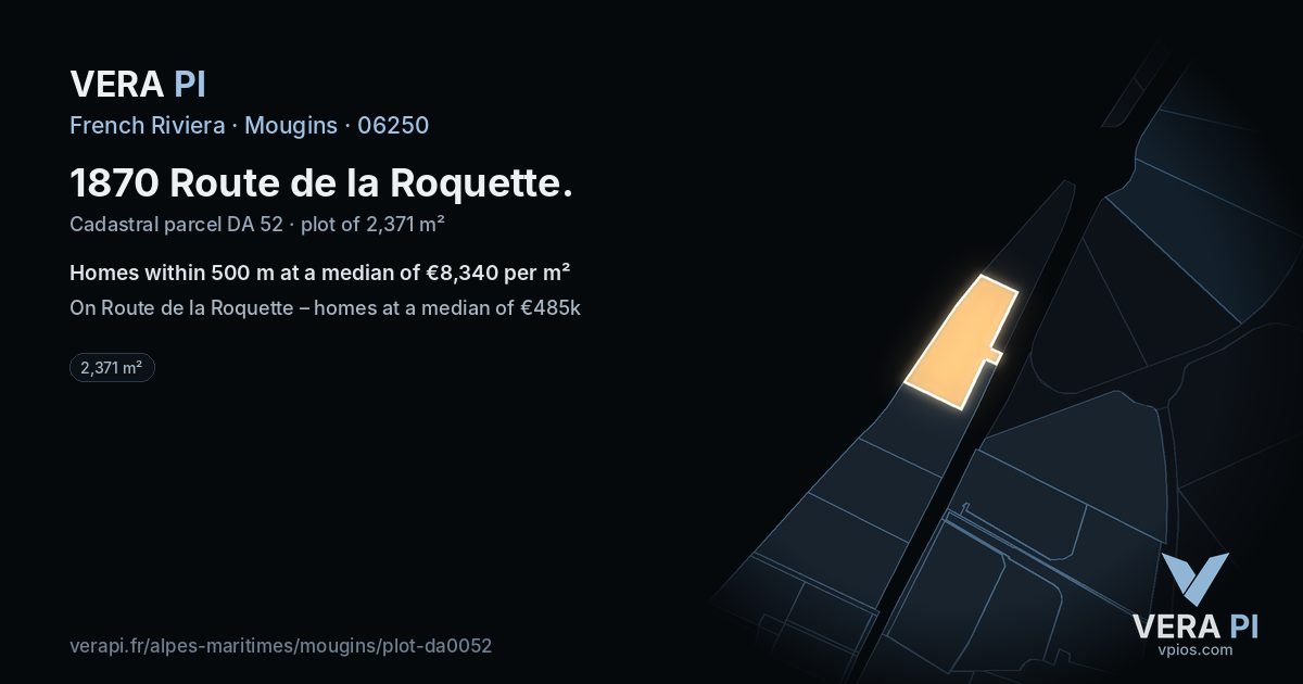 1870 Route de la Roquette, Mougins at night – the plot lit, the parcels around coloured by the prices near them
