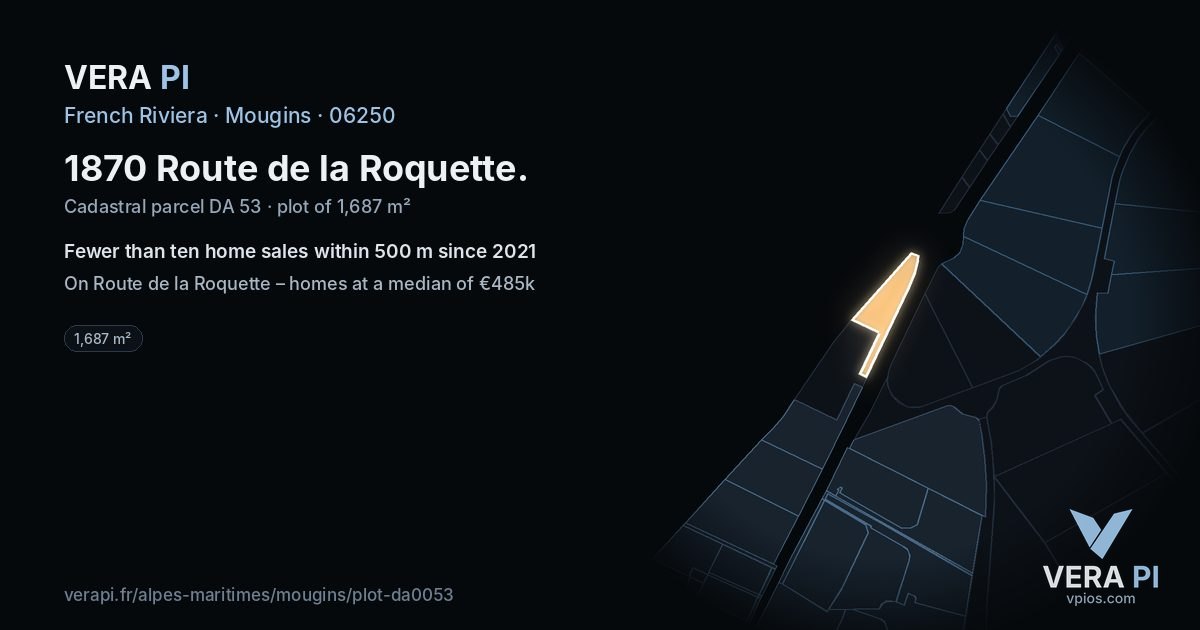 1870 Route de la Roquette, Mougins at night – the plot lit, the parcels around coloured by the prices near them
