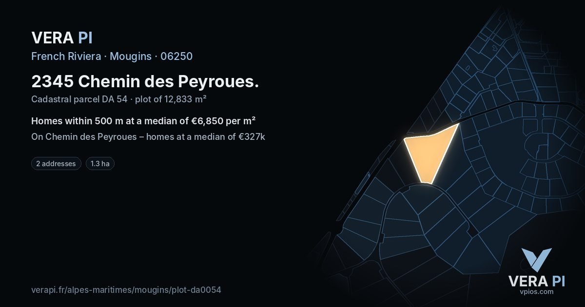 2345 Chemin des Peyroues, Mougins at night – the plot lit, the parcels around coloured by the prices near them