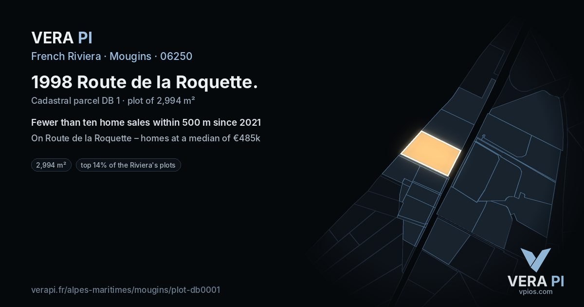 1998 Route de la Roquette, Mougins at night – the plot lit, the parcels around coloured by the prices near them
