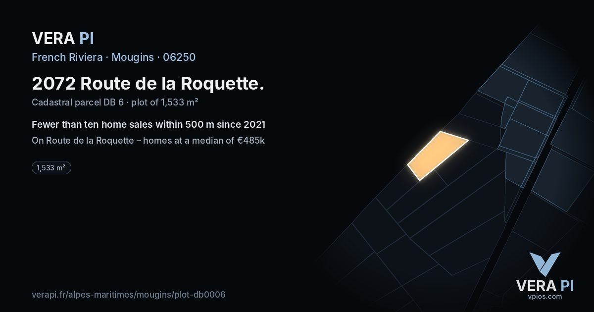 2072 Route de la Roquette, Mougins at night – the plot lit, the parcels around coloured by the prices near them