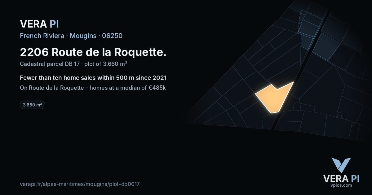 2206 Route de la Roquette, Mougins at night – the plot lit, the parcels around coloured by the prices near them