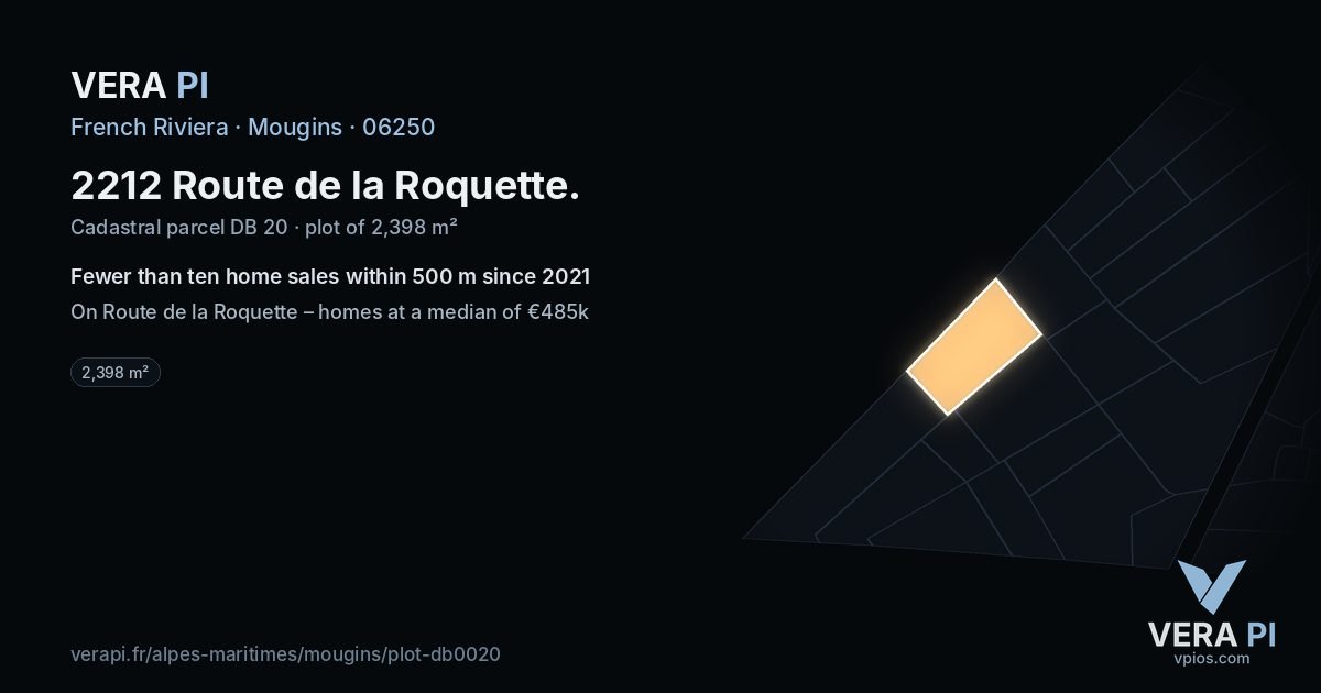 2212 Route de la Roquette, Mougins at night – the plot lit, the parcels around coloured by the prices near them