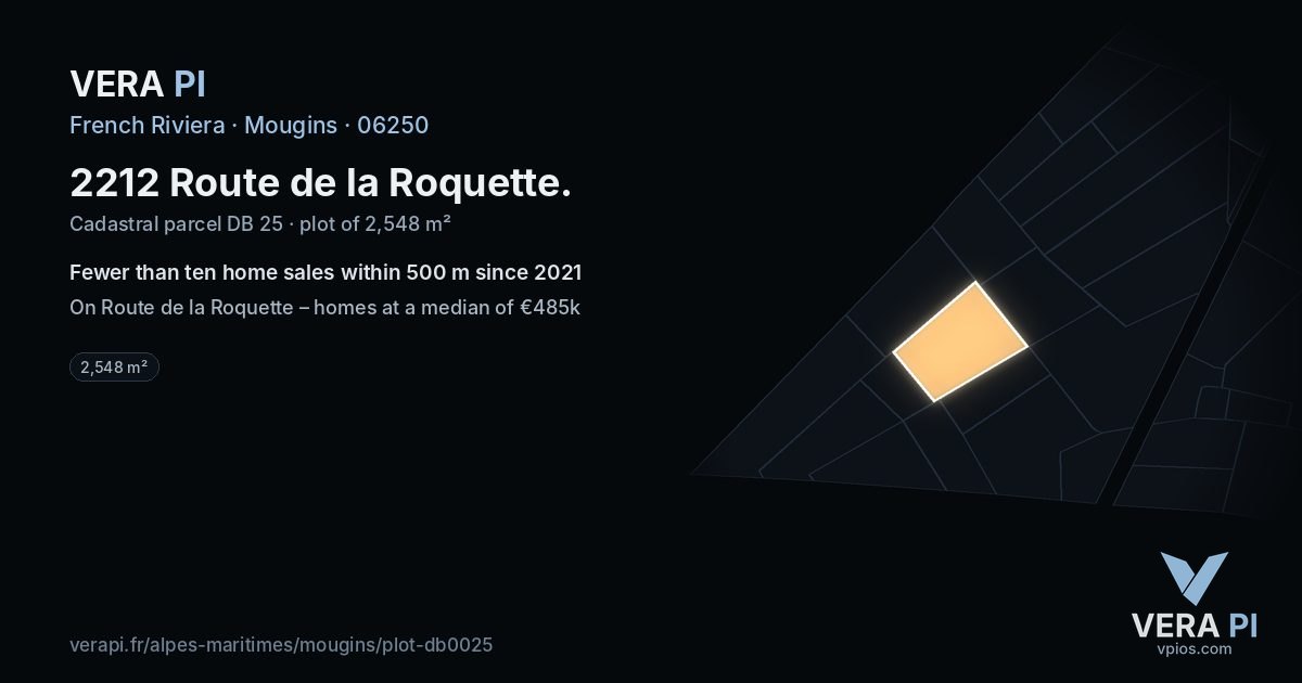 2212 Route de la Roquette, Mougins at night – the plot lit, the parcels around coloured by the prices near them
