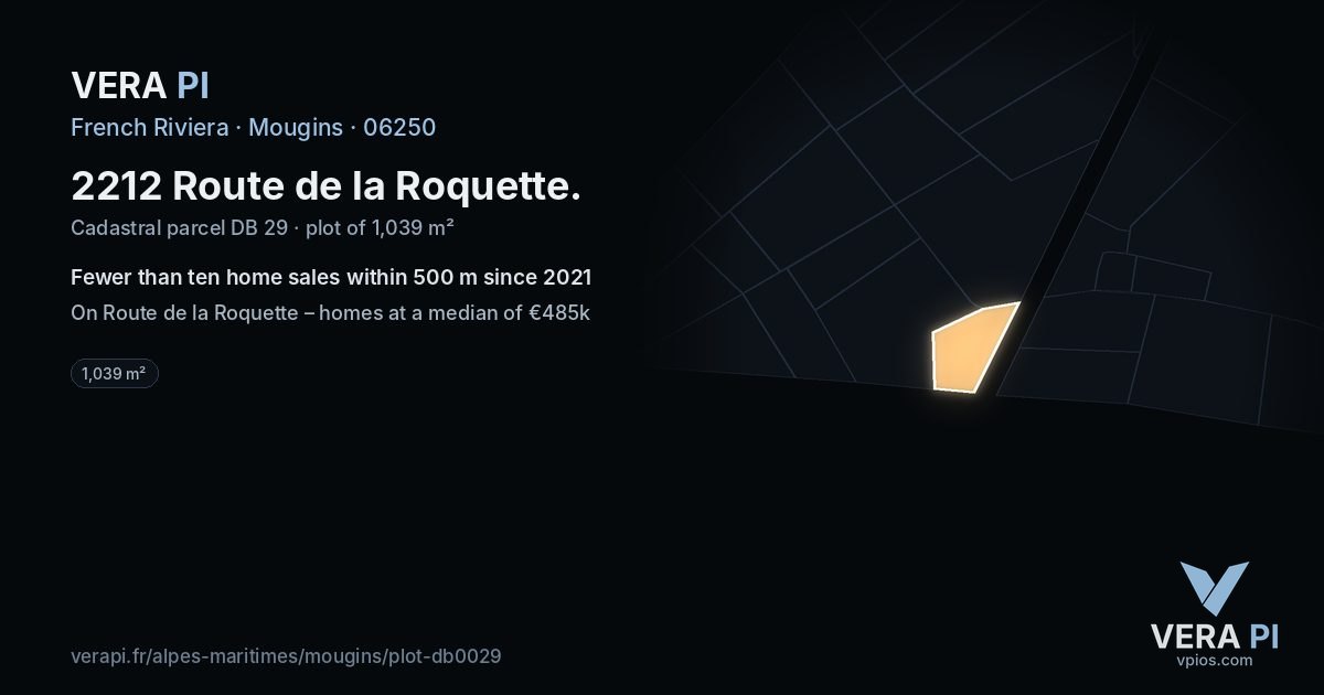 2212 Route de la Roquette, Mougins at night – the plot lit, the parcels around coloured by the prices near them