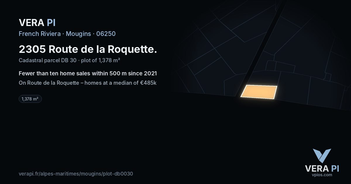2305 Route de la Roquette, Mougins at night – the plot lit, the parcels around coloured by the prices near them