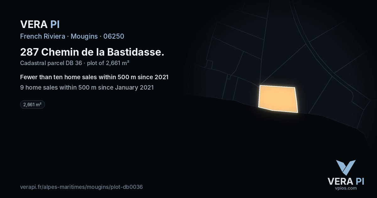 287 Chemin de la Bastidasse, Mougins at night – the plot lit, the parcels around coloured by the prices near them