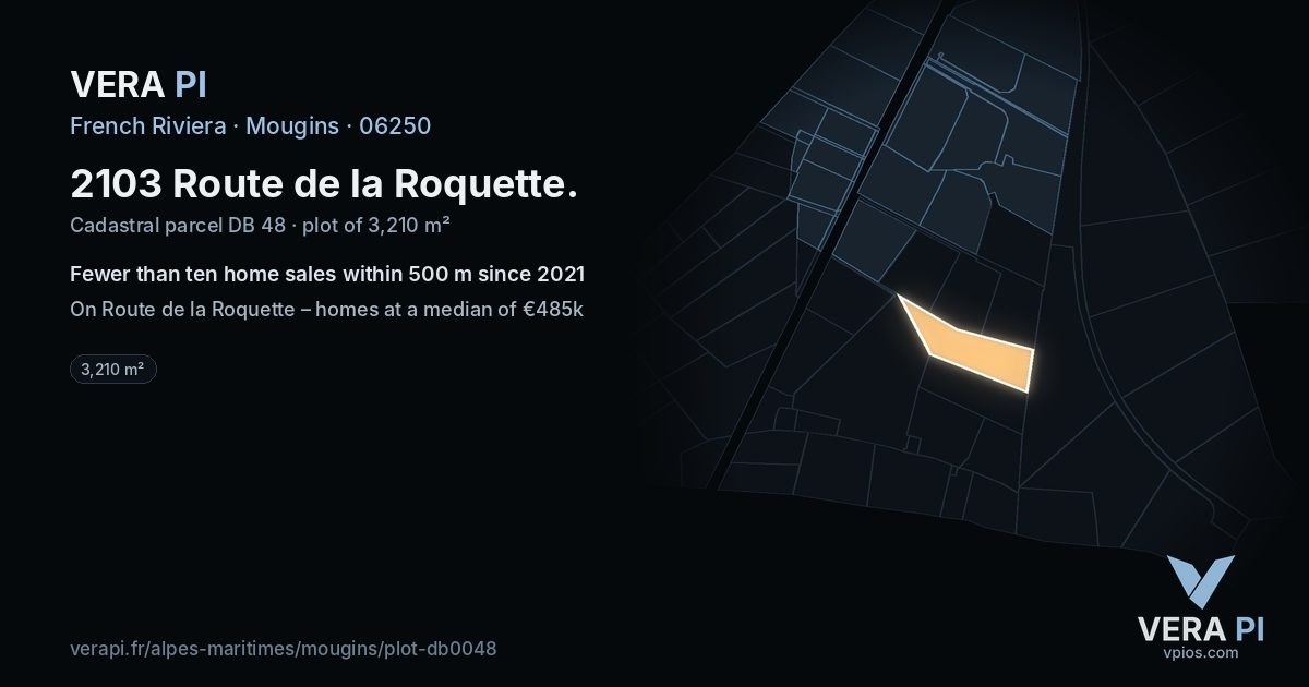 2103 Route de la Roquette, Mougins at night – the plot lit, the parcels around coloured by the prices near them