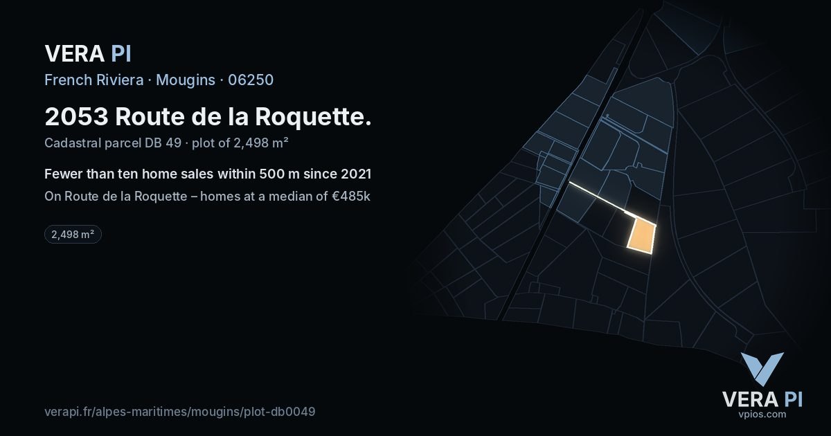 2053 Route de la Roquette, Mougins at night – the plot lit, the parcels around coloured by the prices near them
