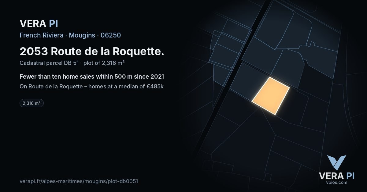 2053 Route de la Roquette, Mougins at night – the plot lit, the parcels around coloured by the prices near them