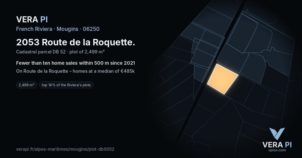 2053 Route de la Roquette, Mougins at night – the plot lit, the parcels around coloured by the prices near them