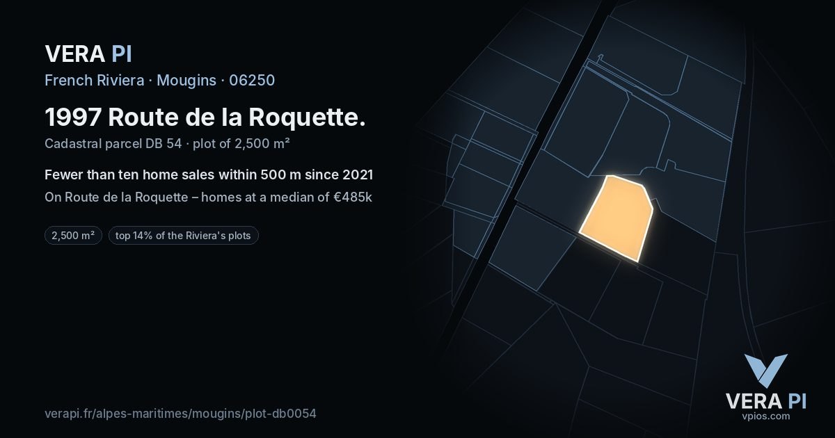 1997 Route de la Roquette, Mougins at night – the plot lit, the parcels around coloured by the prices near them