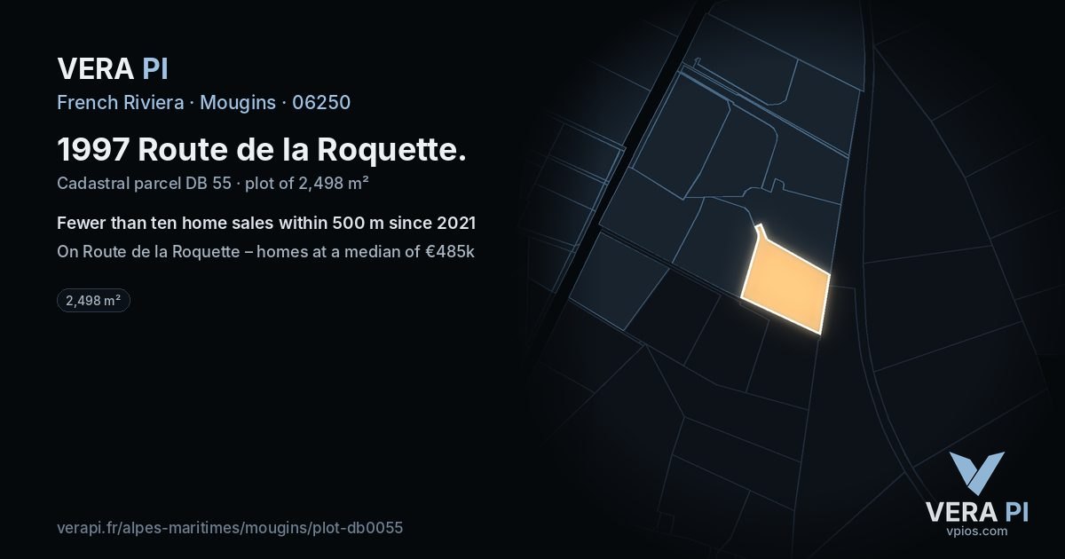 1997 Route de la Roquette, Mougins at night – the plot lit, the parcels around coloured by the prices near them