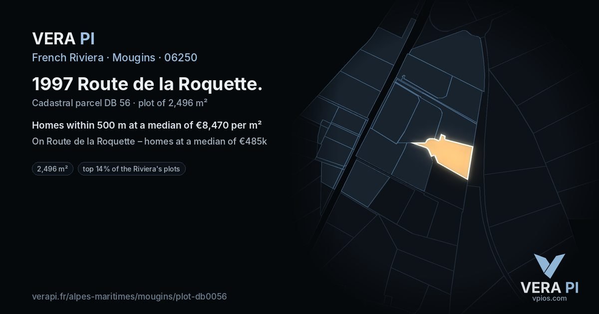 1997 Route de la Roquette, Mougins at night – the plot lit, the parcels around coloured by the prices near them