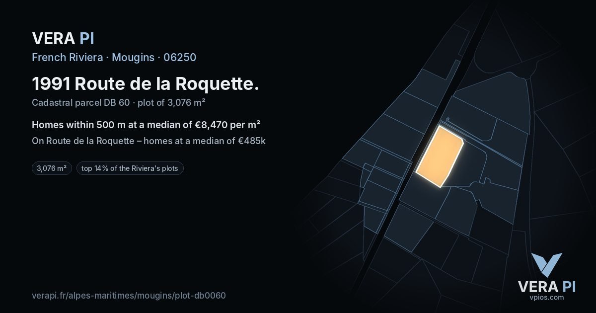 1991 Route de la Roquette, Mougins at night – the plot lit, the parcels around coloured by the prices near them