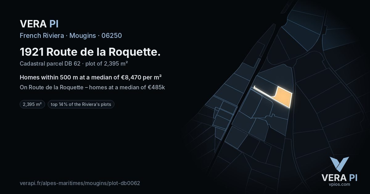 1921 Route de la Roquette, Mougins at night – the plot lit, the parcels around coloured by the prices near them