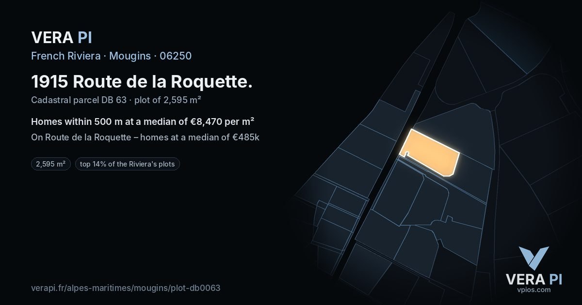 1915 Route de la Roquette, Mougins at night – the plot lit, the parcels around coloured by the prices near them