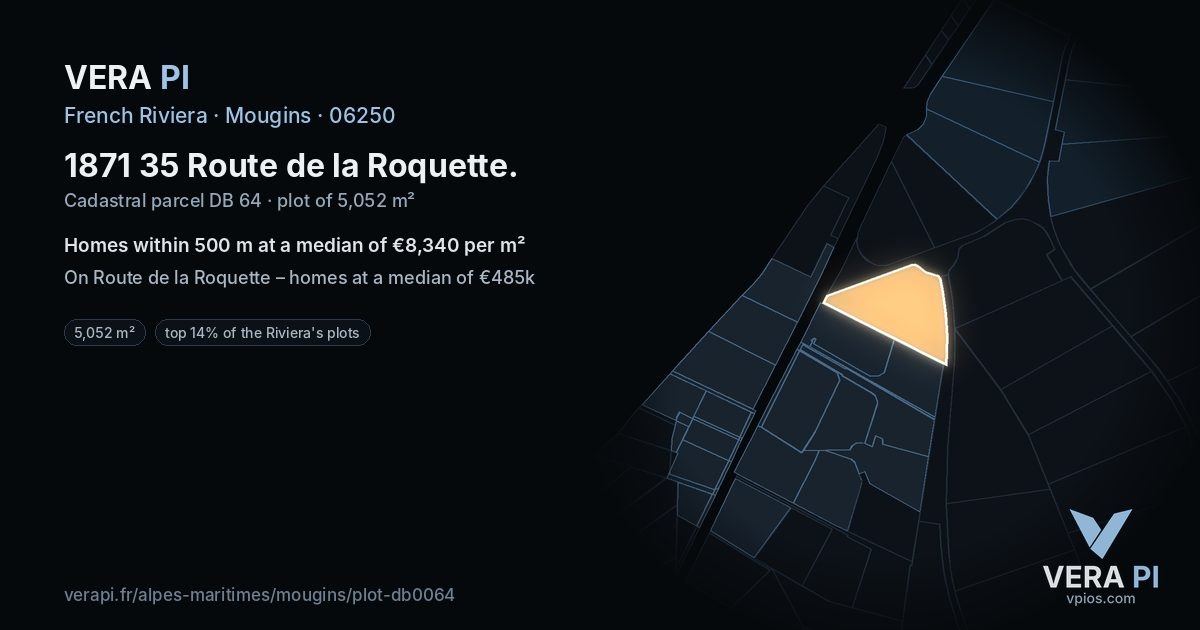 1871 35 Route de la Roquette, Mougins at night – the plot lit, the parcels around coloured by the prices near them