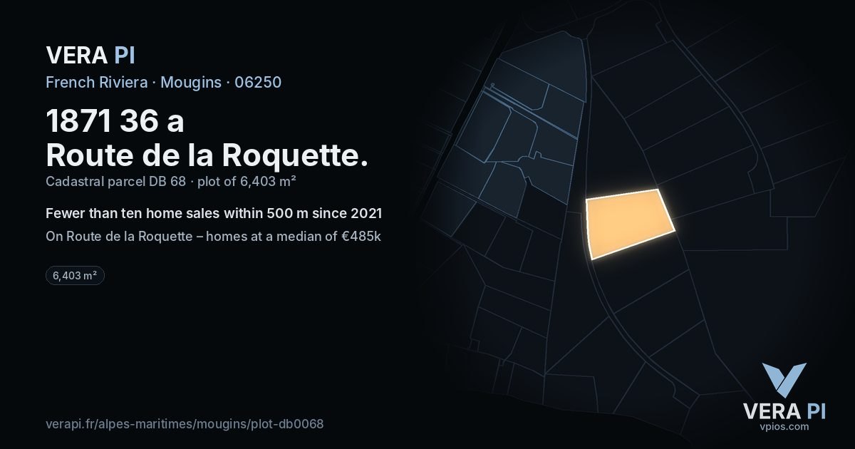 1871 36 a Route de la Roquette, Mougins at night – the plot lit, the parcels around coloured by the prices near them