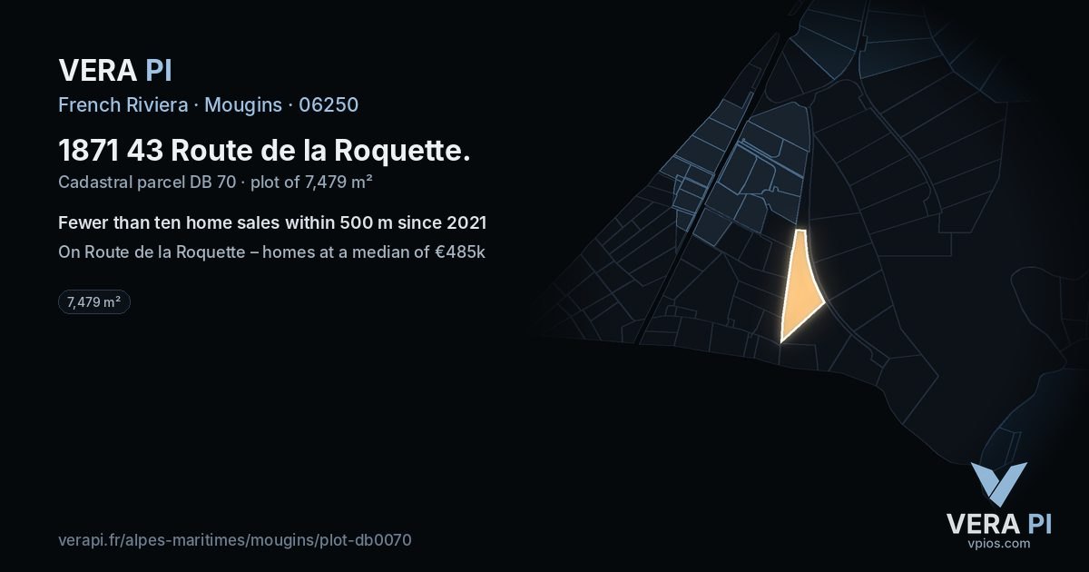 1871 43 Route de la Roquette, Mougins at night – the plot lit, the parcels around coloured by the prices near them